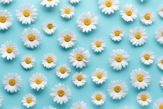 chamomile Flower background. White daisies on a blue background, flat layout and selective focus.