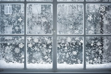 Winter window with snowflakes view. Generative AI