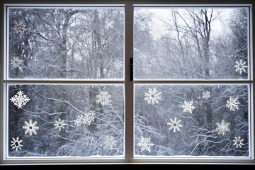 Winter window with snowflakes shape frost with the forest view. Generative AI