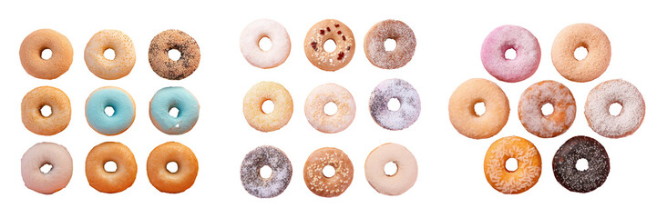 Small round dried cakes with a hole covered in powdered sugar isolated on a transparent background