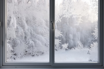 Winter window with snowflakes shape frost. Generative AI