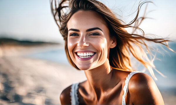 Portrait einer expressiv lachenden Frau am Strand, gen AI. 