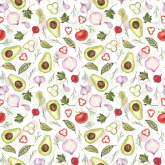 Avocado, tomatoes, potatoes, herbs and spices hand drawn seamless patten on a white background. Background with farm vegetables. Illustration.