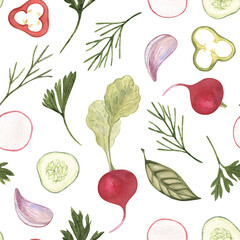 Seamless pattern. Watercolor vegetables. Radish, cucumber, lettuce, tomato, organic, leaves. Hand drawn illustration. on a white background. For restaurant, kitchen, textile, fabric.