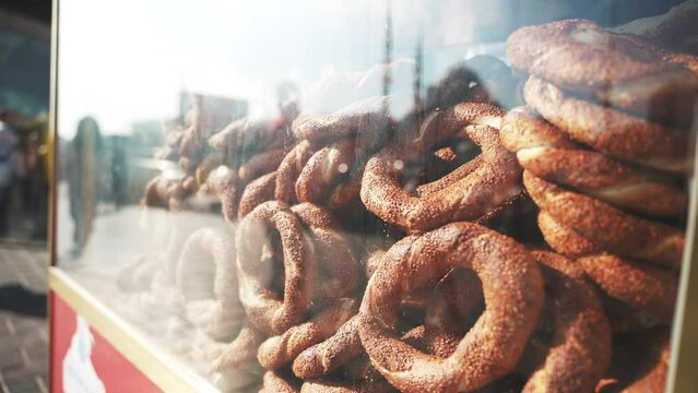 Close up of the famous Turkish street food pastries Simit in a cart. Istanbul, Turkey