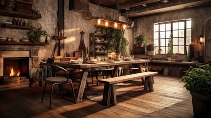 Fototapeta na wymiar Interior design inspiration of Rustic Industrial style home dining room loveliness decorated with Stone and Wood material and Fireplace .Generative AI home interior design .