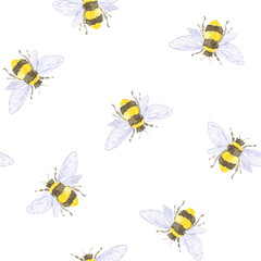 Watercolor little bee for honey. seamless pattern botanical. Hand drawn isolated on white. For birthday, children's posters, postcards, kids cards