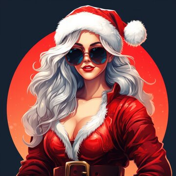 cool female santa illustration with sun glasses, generative ai
