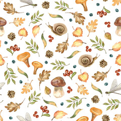 Autumn seamless pattern with mushrooms, snail, yellow, green leaves, red berries, oak leaves, fin cone on a white background. Watercolor print for Thanksgiving, harvest day, autumn farm fair.