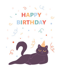 Happy Birthday greeting card with cute cat in party hat. Party, celebration, confetti. Vector illustration in flat style