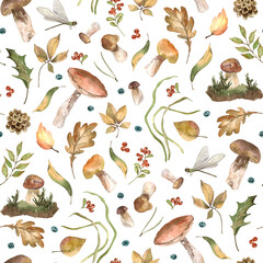 Watercolor forest autumn seamless pattern with mushrooms, leaves, fir cone, dragonfly, cranberry. Hand painted on white background.
