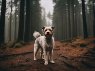 Wet scruffy dog, outside standing in a forest - obrazy, fototapety, plakaty