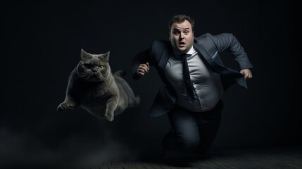 Fat man running with Fat cat illustration generative ai