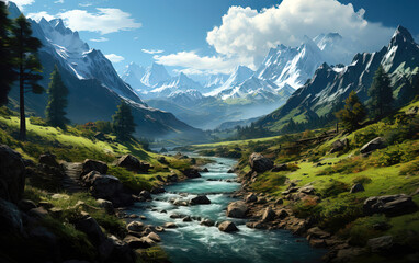 Mountain landscape with river and high peaks in the clouds. Digital painting