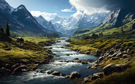 Beautiful mountain landscape with a river in the foreground. Digital painting