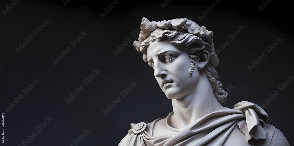 Wall mural The head of the plaster figure of the ancient Greek god Apollo, white on a black background. Copy space.