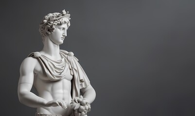 Plaster figure of the ancient Greek god Apollo, white on a black background. Free space.