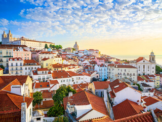 Panoramic Cityscape of historic Alfama .with the National Pantheon and  Sao Vicente de Fora Monastery,...Lisbon, Portugal ,Europe