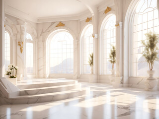 Fototapeta na wymiar White Spacious Marble Luxury Interior Room with Sunny Window, Generate Ai