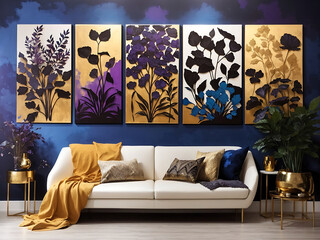 Silhouettes of beautiful plants on canvas. Gold, black, purple, blue and gray, purple colors. Interior painting. Beautiful background, Generate Ai