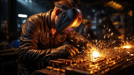 Industrial Worker at the factory welding closeup, Highly skilled welder workers are welding at the construction site in the factory,man welds at the factory