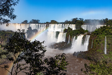 Fototapeta premium Iguazu Falls at Isla San Martin, one of the new seven natural wonders of the world in all its beauty viewed from the Argentinian side - traveling and exploring South America 