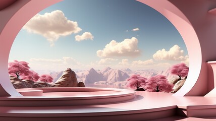 3d podium for product mockup, Desert podium landscape, desert landscape with sun and mountain, desert landscape background for presantation