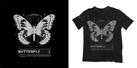 Grunge poster with butterfly. Gothic elements for design, print for t-shirt, hoodie and sweatshirt. Isolated on black and white background - obrazy, fototapety, plakaty