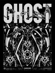 Modern poster in gothic style with text "Ghost". Liquid gothcore print, 3D abstract symmetrical spikes with bones. Dark print for t-shirt, hoodie and sweatshirt