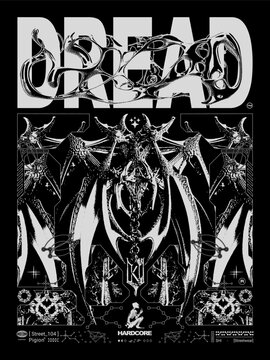 Modern poster in gothic style with text "Dread". Liquid gothcore print, 3D abstract symmetrical spikes with bones. Dark print for t-shirt, hoodie and sweatshirt