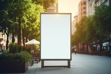 Blank banner mock up. Empty banner on a summer city street. AI generated