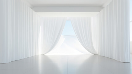 Fototapeta na wymiar empty room with window and white drapery open space podium made with generative AI