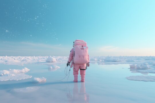 An astronaut wearing pink suit in the middle of North pole