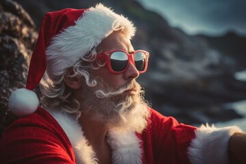 Cool Santa Claus with Sunglasses Portrait with long beard and red and white head, generative ai