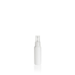 White cylindrical small PEHD bottle container with trasparent spray pump on white background. Packaging of antiseptic. Template of a bottle for cosmetics and medical products.