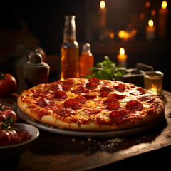 pizza with salami and tomatoes