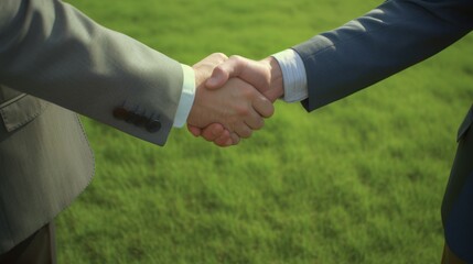 A handshake of two business men against the background of an empty lawn