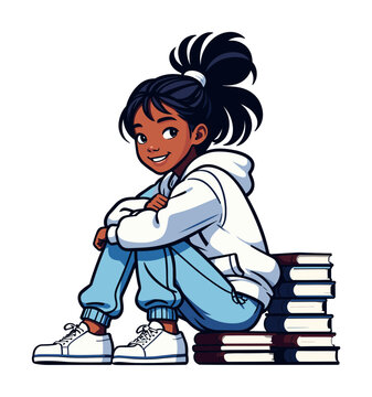 A dark-skinned girl sits on a stack of books and smiling looks at the camera. Vector illustration