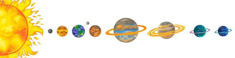 Watercolor planets of the solar system mercury, venus, earth, mars, jupiter, saturn, uranus, neptune and luna. Set of cartoon planet and the Sun. Cosmos astronomy illustration. Hand drawn isolated on © Freshinglights