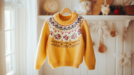 a beautiful yellow knitted woolen sweater with patterns hangs on a hanger against the backdrop of a light interior. Village mood. Beauty is in simplicity. Handmade instead of mass market.