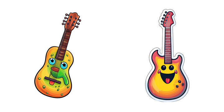 Isolated black sticker featuring funny guitar cartoon characters for various uses like stickers pins or patches