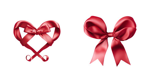 Red satin ribbon two hearts shape transparent background
