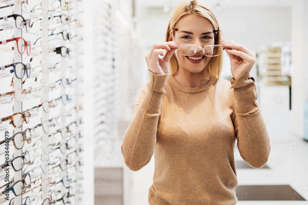 Wall mural Beautiful and fashionable woman choosing eyeglasses frame in modern optical store.