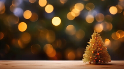 Holiday Spirit: Blurred Christmas Tree Background on Tabletop