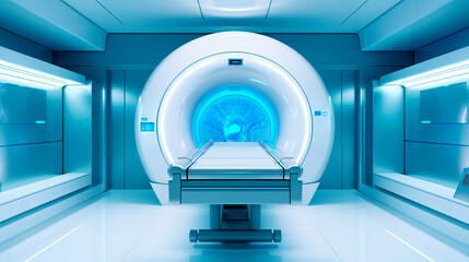 Advanced MRI or CT Scan medical diagnosis machine at hospital lab, featuring various connected devices. Generative Ai