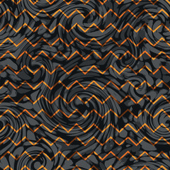 Modern golden zig zag lines over a balck and grey waves seamless pattern