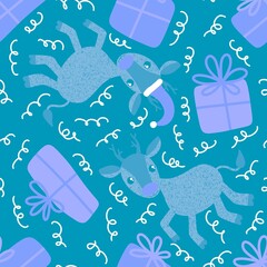 Winter cartoon animals seamless Christmas deer and gift box pattern for wrapping paper and fabrics and kids print
