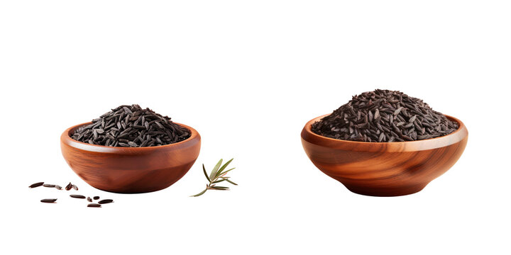 Black jasmine rice in wooden bowl isolated from transparent background