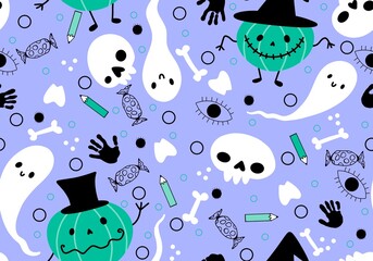 Halloween cartoon pumpkins seamless ghost and skulls pattern for wrapping paper and fabrics and kids clothes print