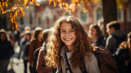 Smiling young girl walking to school with other students on a fall day - Generative AI.